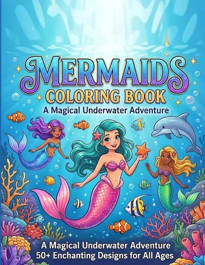 Cover of Mermaids Coloring Book, by Aqua Marina. Kids & adults.