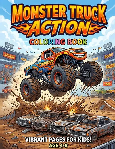 Cover of Monster Truck Action Coloring Book, by The New Ark Studio. Ages 4–8.