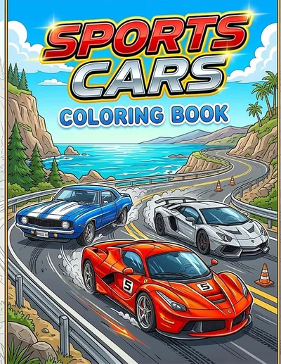 Cover of Sports Cars Coloring Book, by The New Ark Studio. All ages.